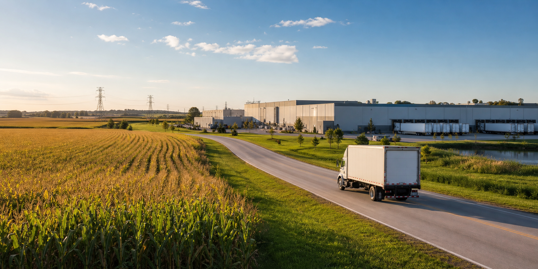Midwest farm fields, a delivery truck and a modern manufacturing facility