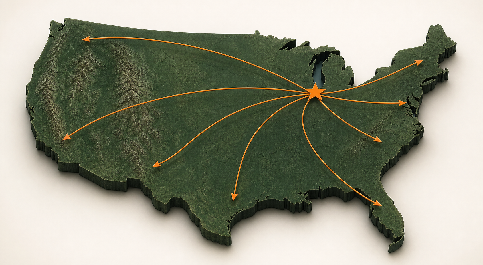 Three-dimensional map showing distribution routes from Elgin, Illinois across the United States
